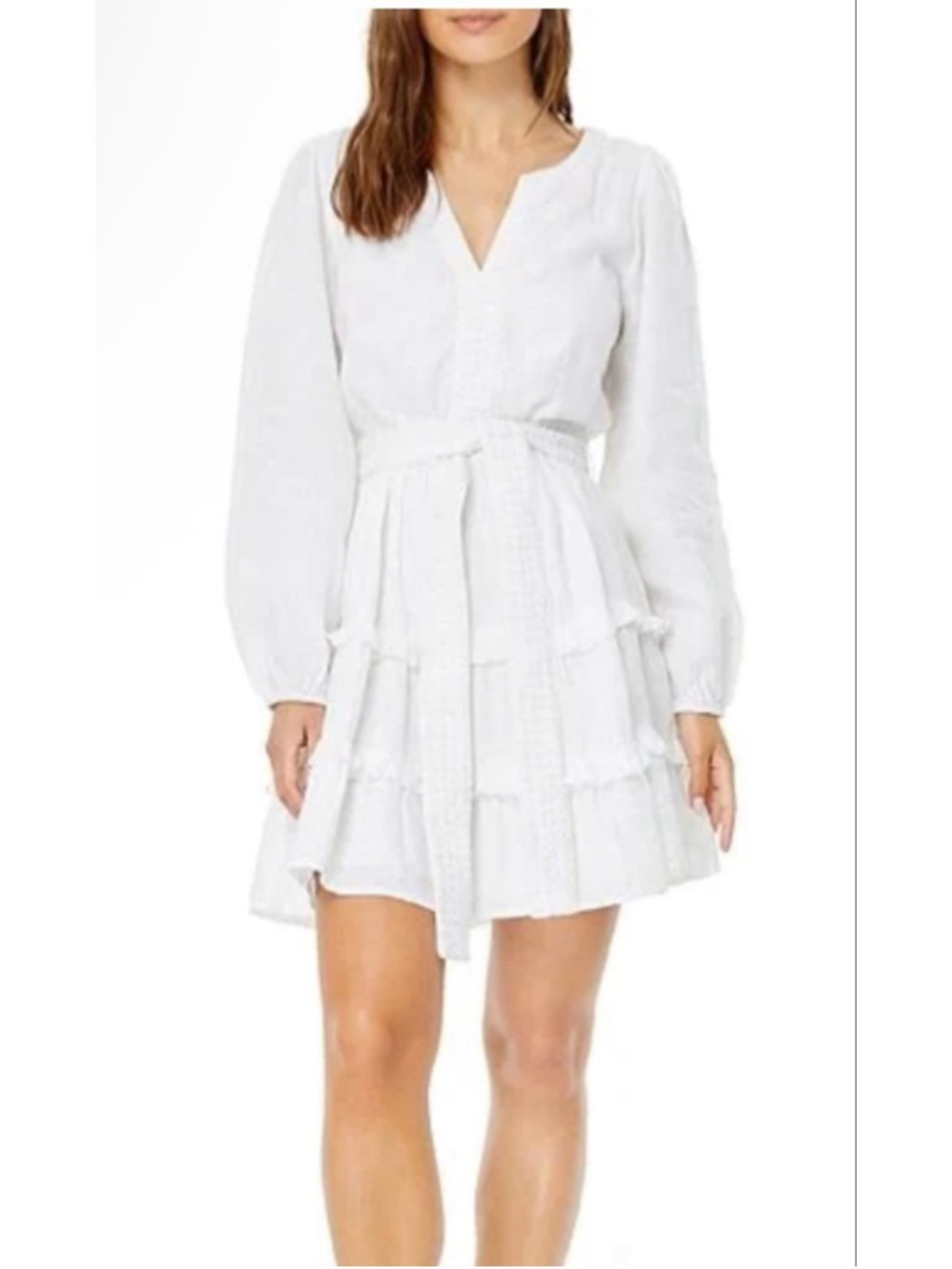 Roller Rabbit Naema Split Linen V-Neck Balloon Sleeve Tiered Dress Sz SMALL